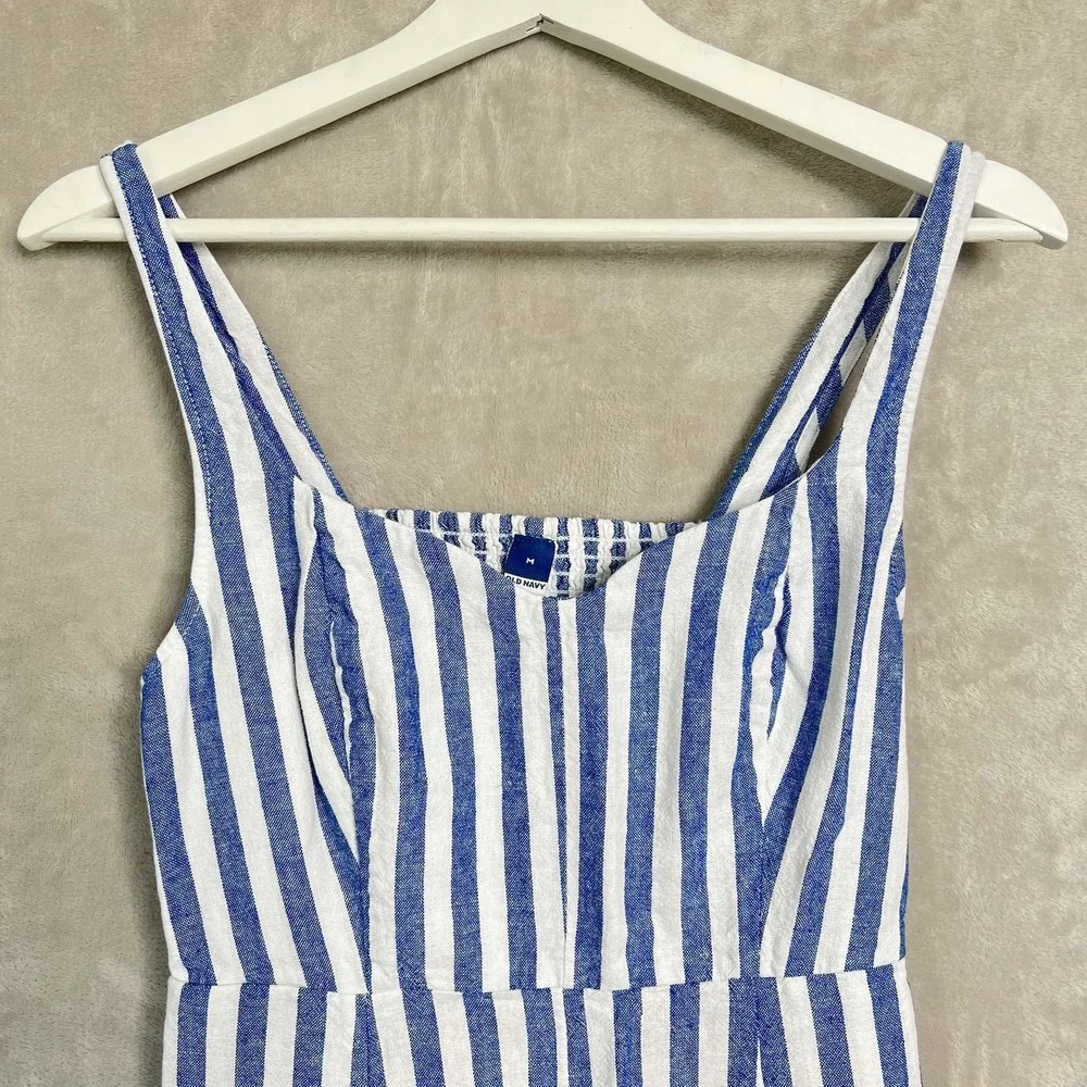 Old Navy Womens M Linen Blend Dress Pockets Blue White Stripe Nautical Bohochic - Picture 3 of 9